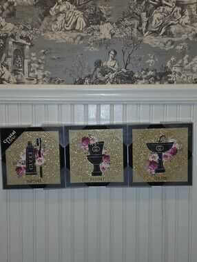 Gucci Gold and Pink Glitter 3 Pc Bathroom Wall Art Set Luxury Bathroom Decor